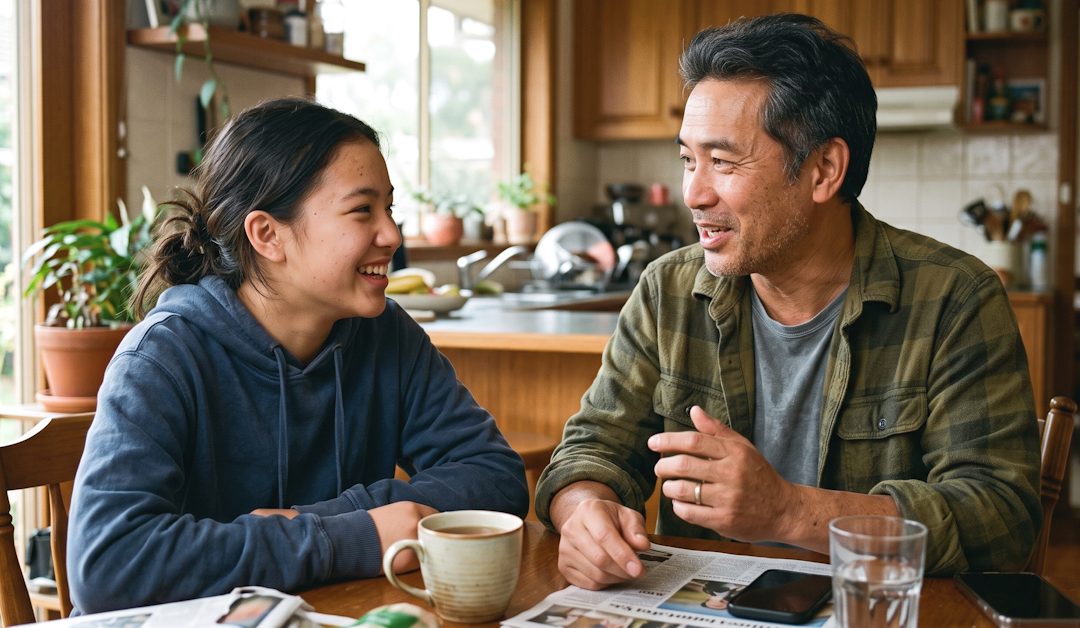 father & teen daughter having a conversation in the kitchen at home